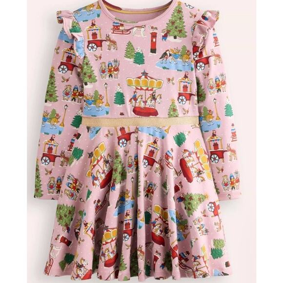 Mini Boden Mabel Pink Carousel Holiday Dress Long Sleeve Stretch Size 5-6 NWT - Picture 1 of 9
